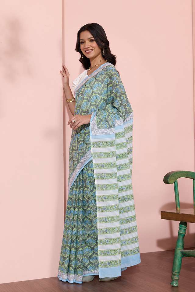 Light Green Rajasthan Pure Cotton Printed Sanganeri Saree thumbnail image number null