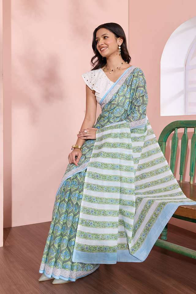 Light Green Rajasthan Pure Cotton Printed Sanganeri Saree thumbnail image number null