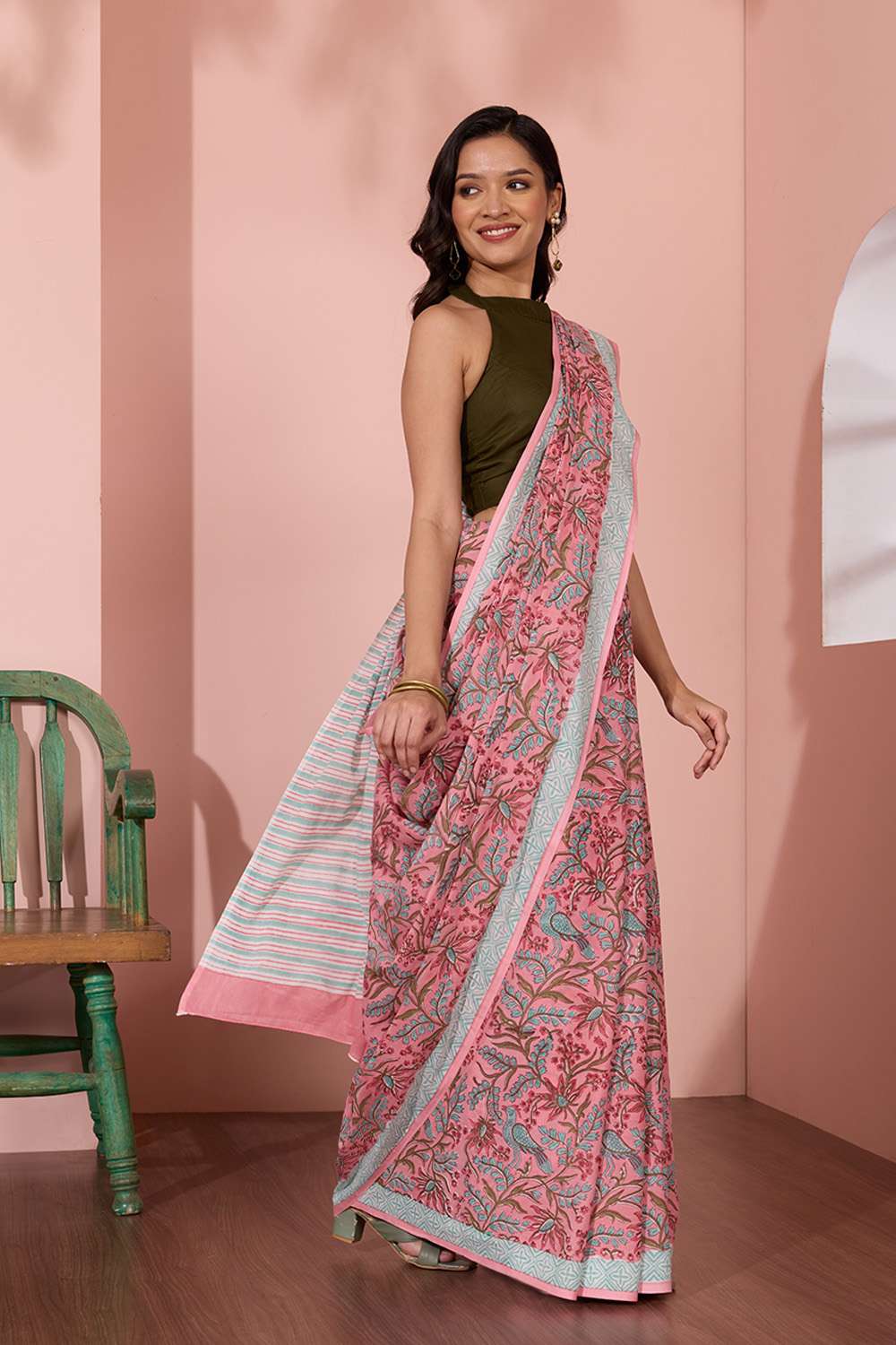 Pink Rajasthan Pure Cotton Printed Sanganeri Saree image number null