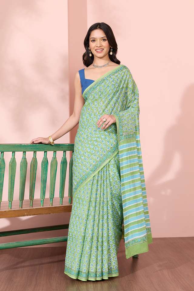 Light Green Rajasthan Pure Cotton Printed Sanganeri Saree image number