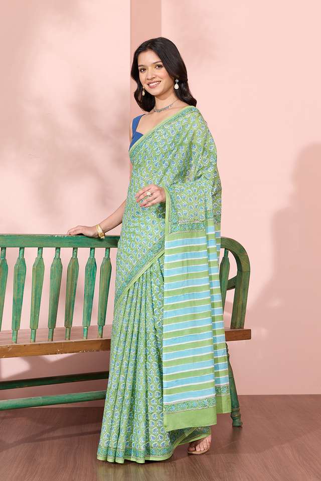 Light Green Rajasthan Pure Cotton Printed Sanganeri Saree thumbnail image number null