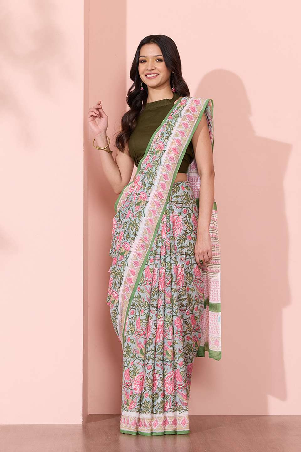 Light Blue Rajasthan Pure Cotton Printed Sanganeri Saree