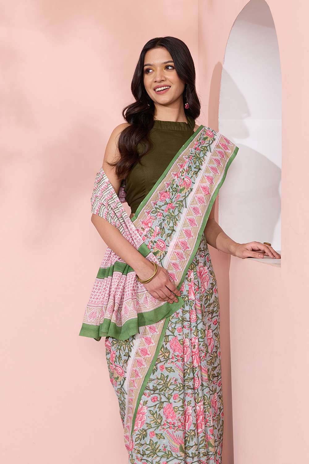 Light Blue Rajasthan Pure Cotton Printed Sanganeri Saree image number null