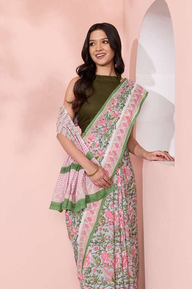 Light Blue Rajasthan Pure Cotton Printed Sanganeri Saree thumbnail image number null