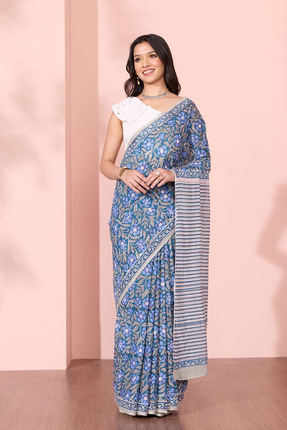 Blue Rajasthan Pure Cotton Printed Sanganeri Saree