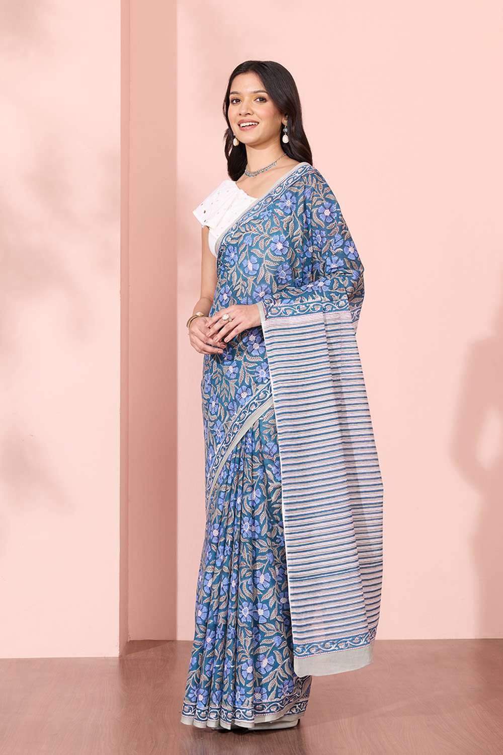 Blue Rajasthan Pure Cotton Printed Sanganeri Saree image number null