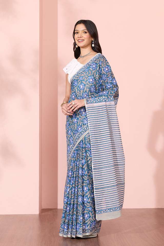 Blue Rajasthan Pure Cotton Printed Sanganeri Saree thumbnail image number null