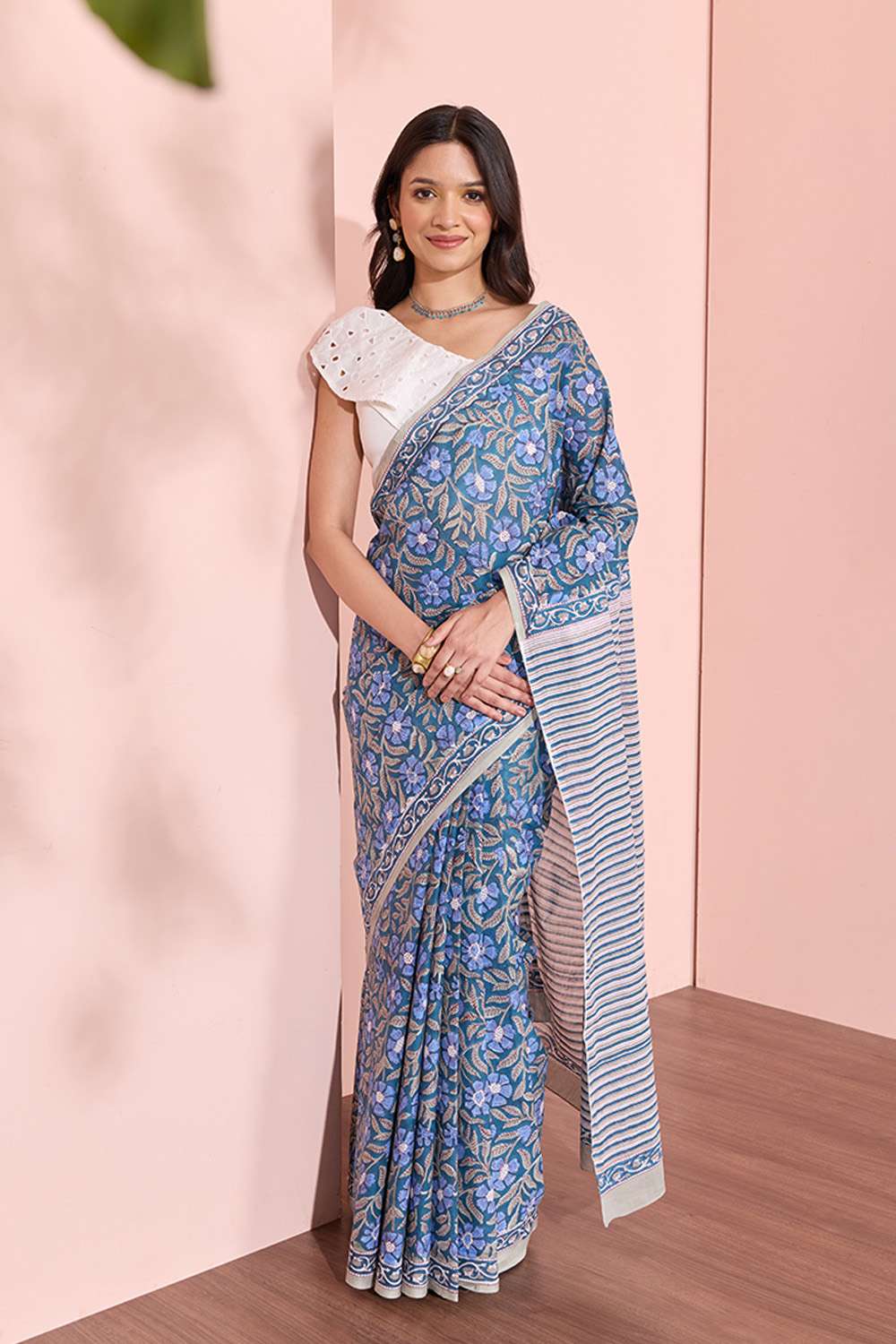 Blue Rajasthan Pure Cotton Printed Sanganeri Saree image number null