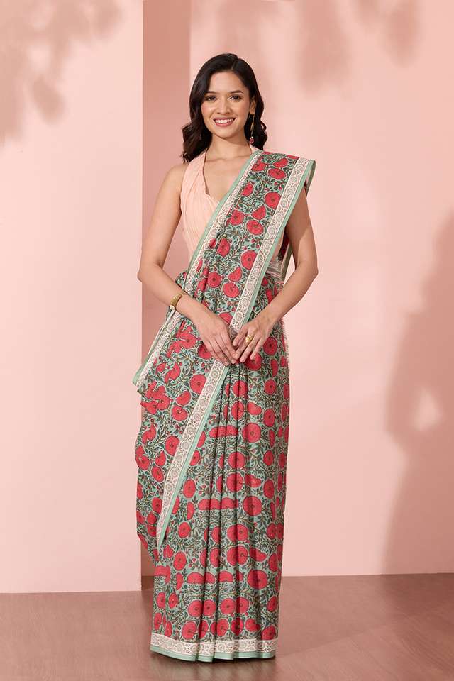 Light Green Rajasthan Pure Cotton Printed Sanganeri Saree image number