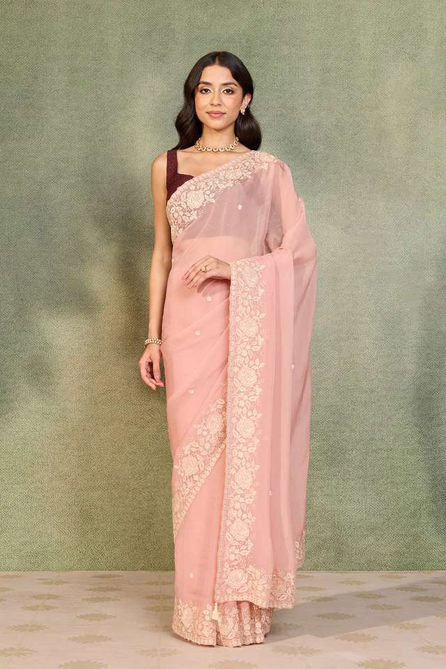 Light Pink Viscose Organza Embroidered Saree image number