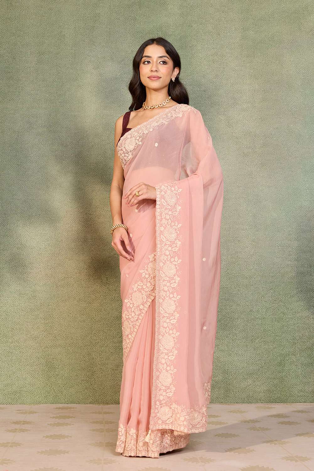 Light Pink Viscose Organza Embroidered Saree image number null