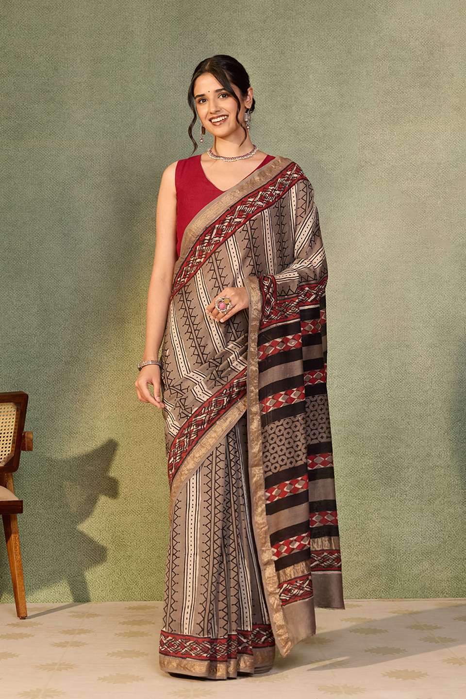 Grey Rajasthan Pure Silk Cotton Dabu Block Printed Saree