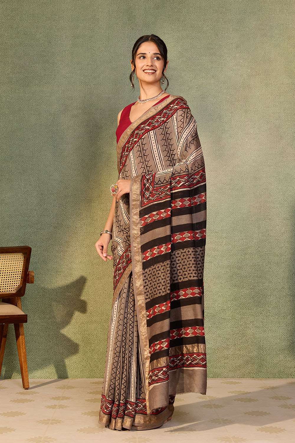 Grey Rajasthan Pure Silk Cotton Dabu Block Printed Saree image number null