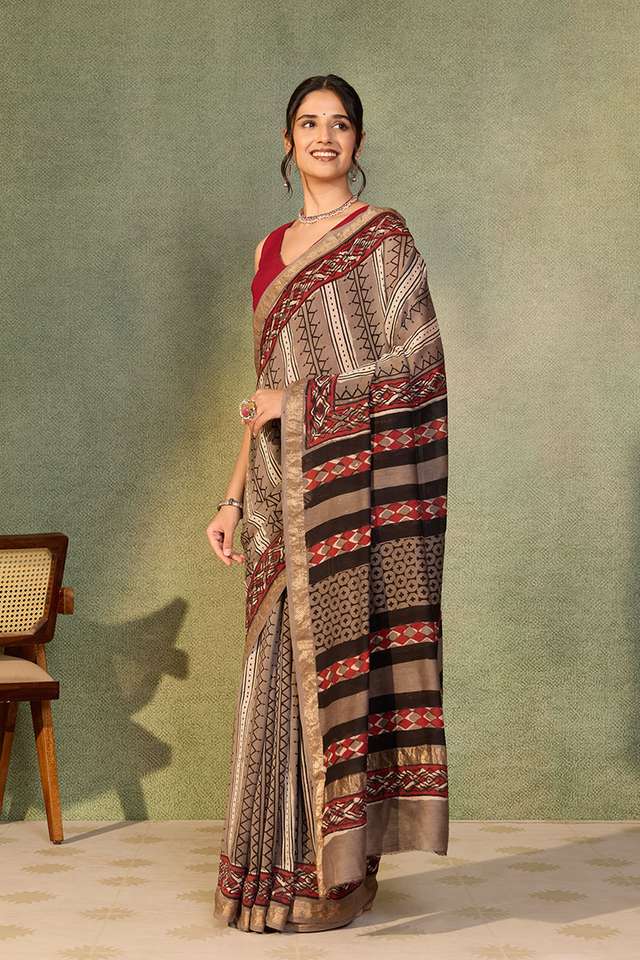 Grey Rajasthan Pure Silk Cotton Dabu Block Printed Saree thumbnail image number null