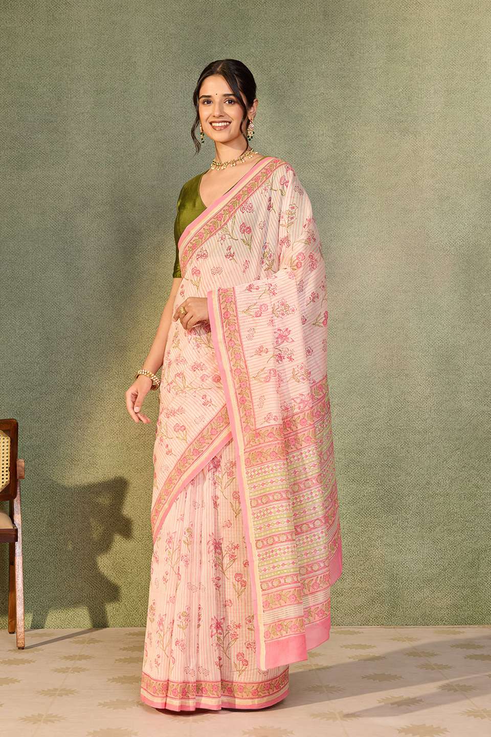 Light Pink Rajasthan Pure Silk Cotton Printed Sanganeri Saree