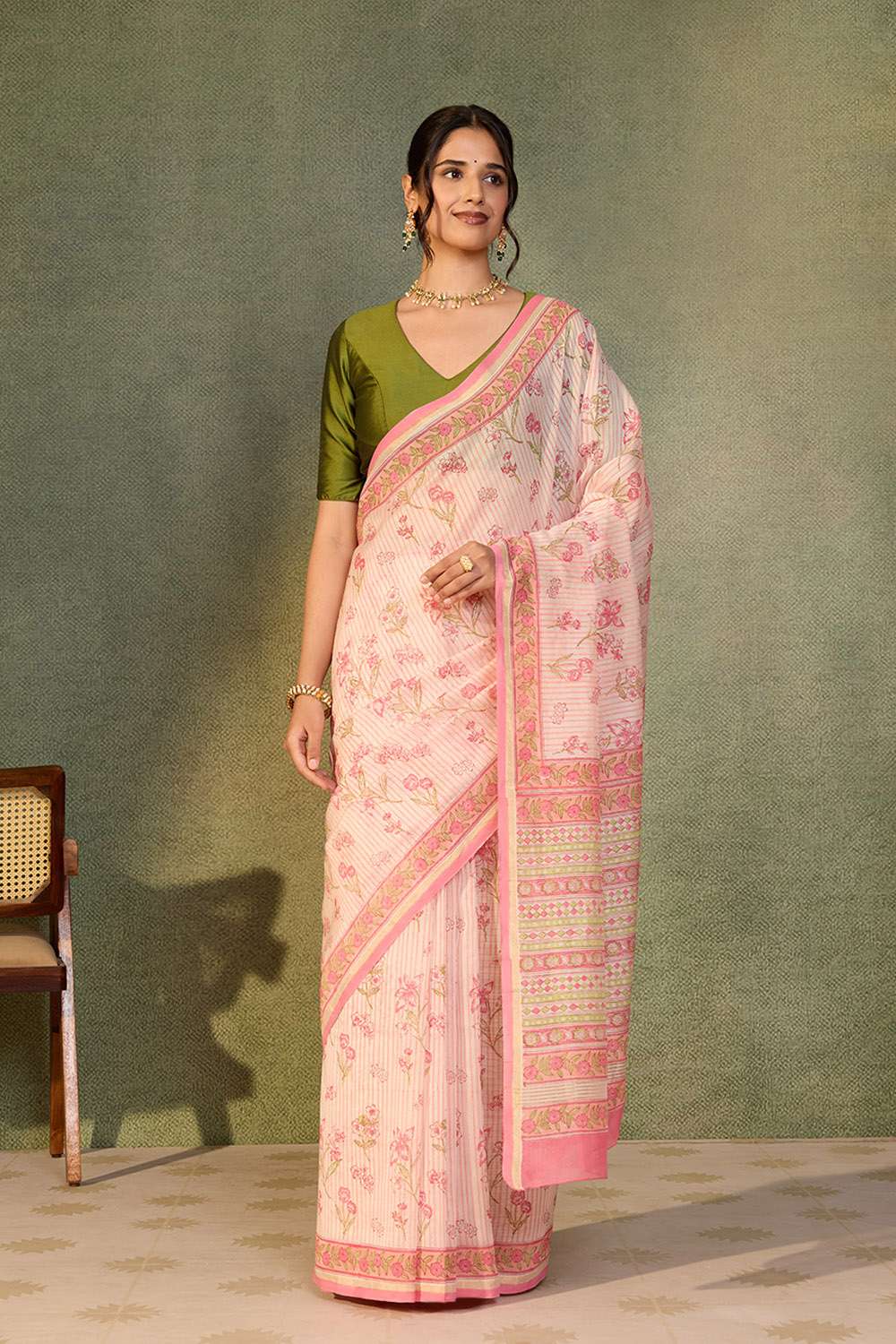 Light Pink Rajasthan Pure Silk Cotton Printed Sanganeri Saree image number null
