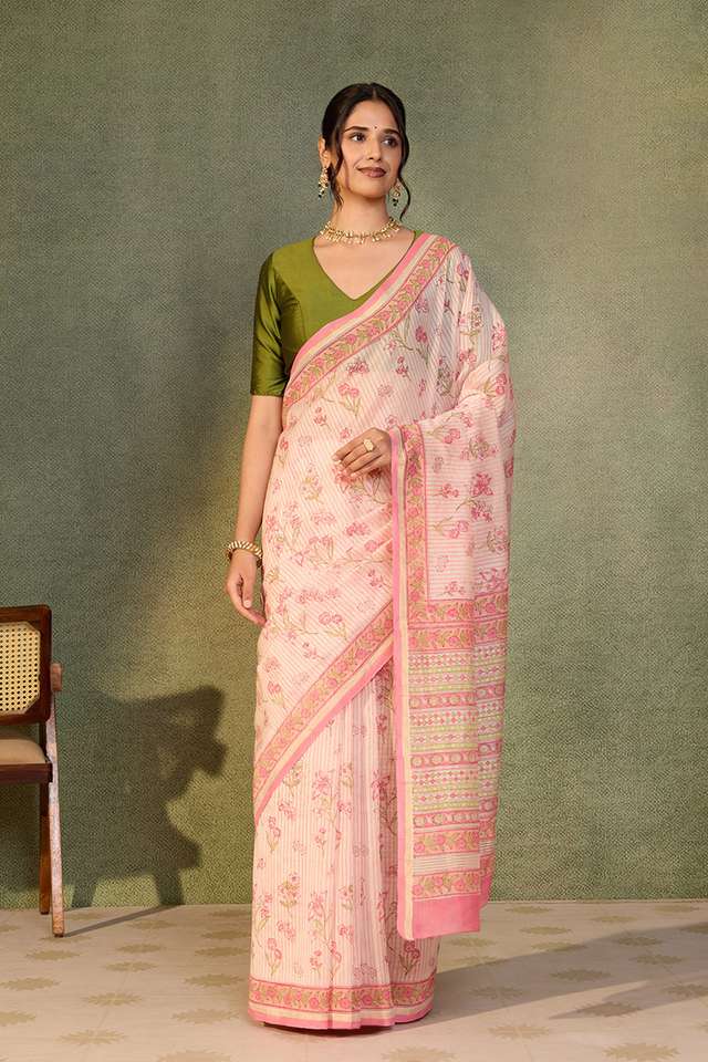 Light Pink Rajasthan Pure Silk Cotton Printed Sanganeri Saree thumbnail image number null