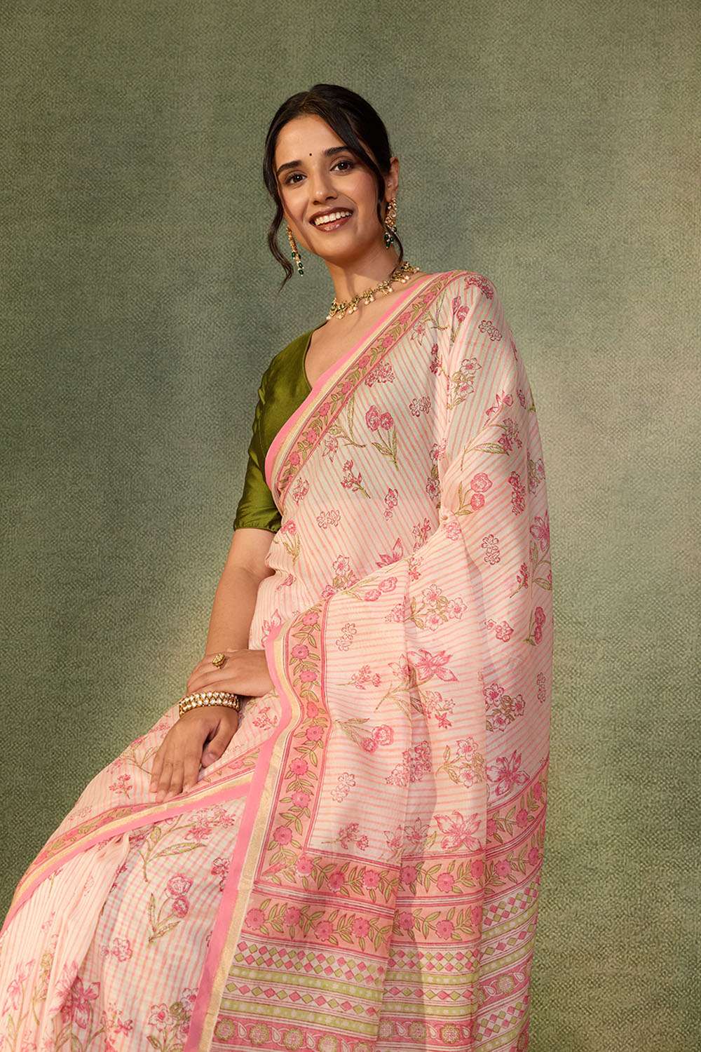 Light Pink Rajasthan Pure Silk Cotton Printed Sanganeri Saree image number null