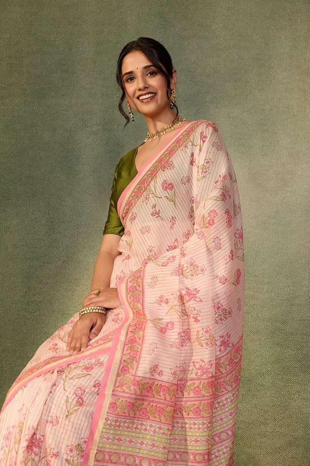 Light Pink Rajasthan Pure Silk Cotton Printed Sanganeri Saree thumbnail image number null