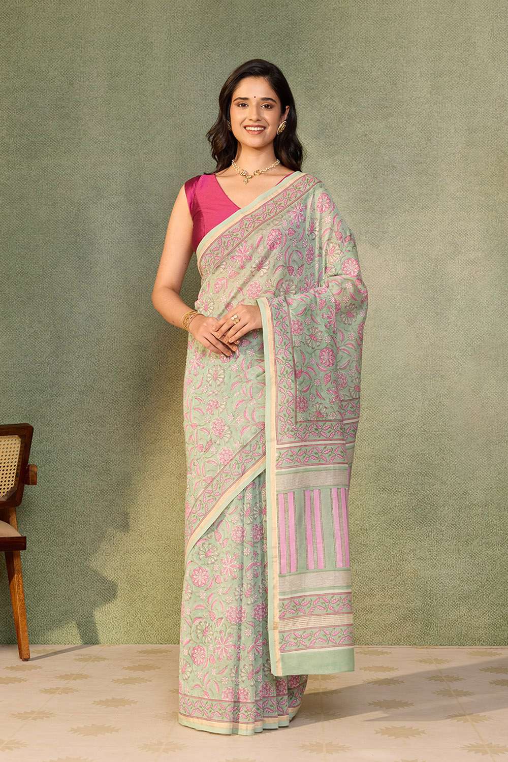 Light Green Rajasthan Pure Silk Cotton Printed Sanganeri Saree image number null