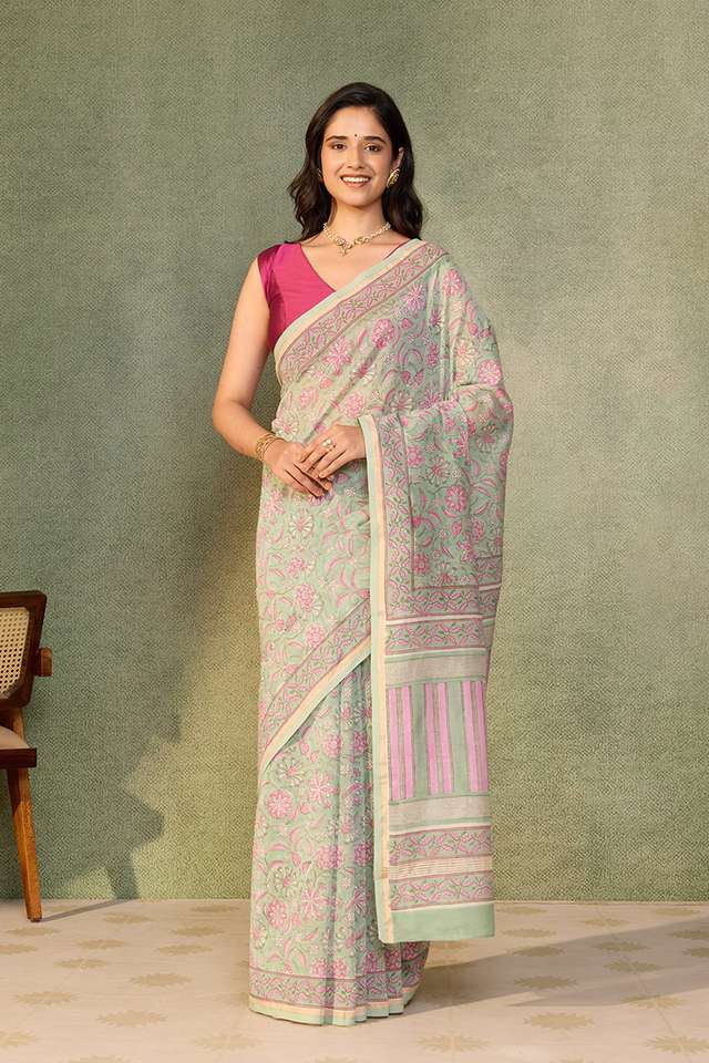 Light Green Rajasthan Pure Silk Cotton Printed Sanganeri Saree image number