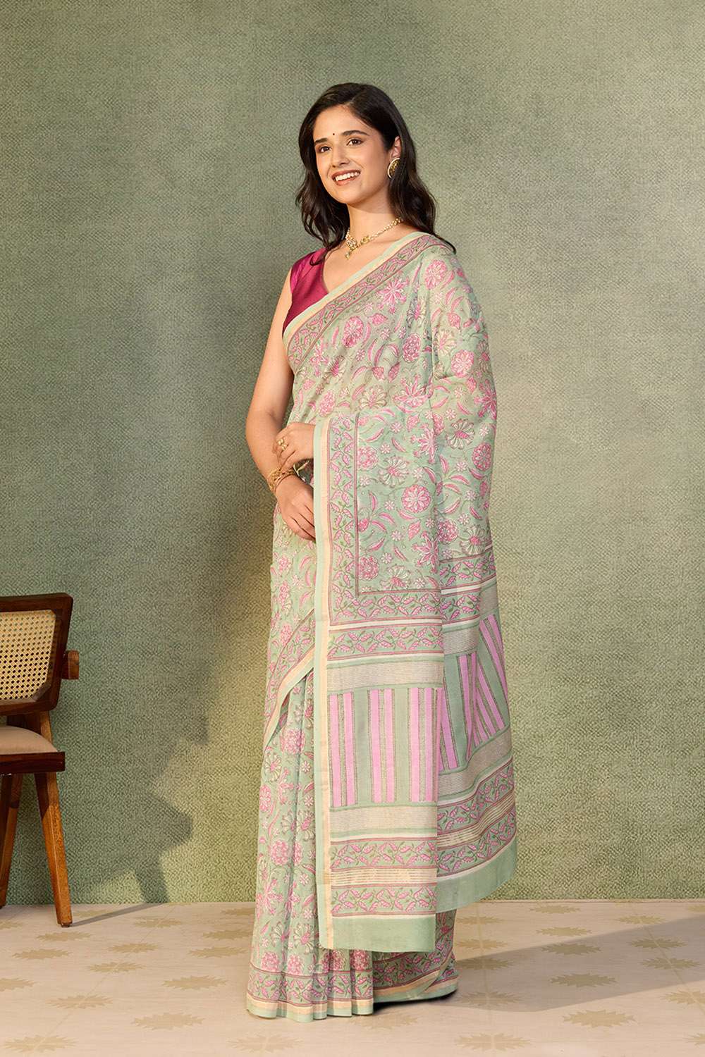 Light Green Rajasthan Pure Silk Cotton Printed Sanganeri Saree image number null