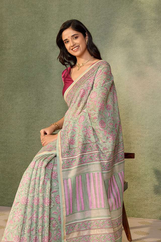 Light Green Rajasthan Pure Silk Cotton Printed Sanganeri Saree thumbnail image number null