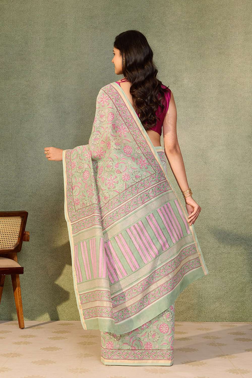 Light Green Rajasthan Pure Silk Cotton Printed Sanganeri Saree image number null