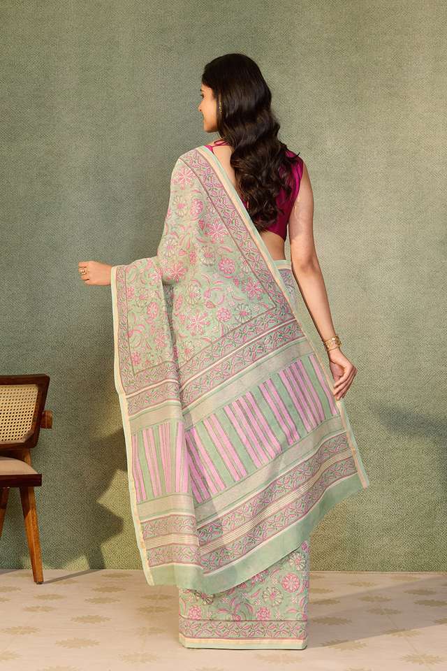 Light Green Rajasthan Pure Silk Cotton Printed Sanganeri Saree thumbnail image number null