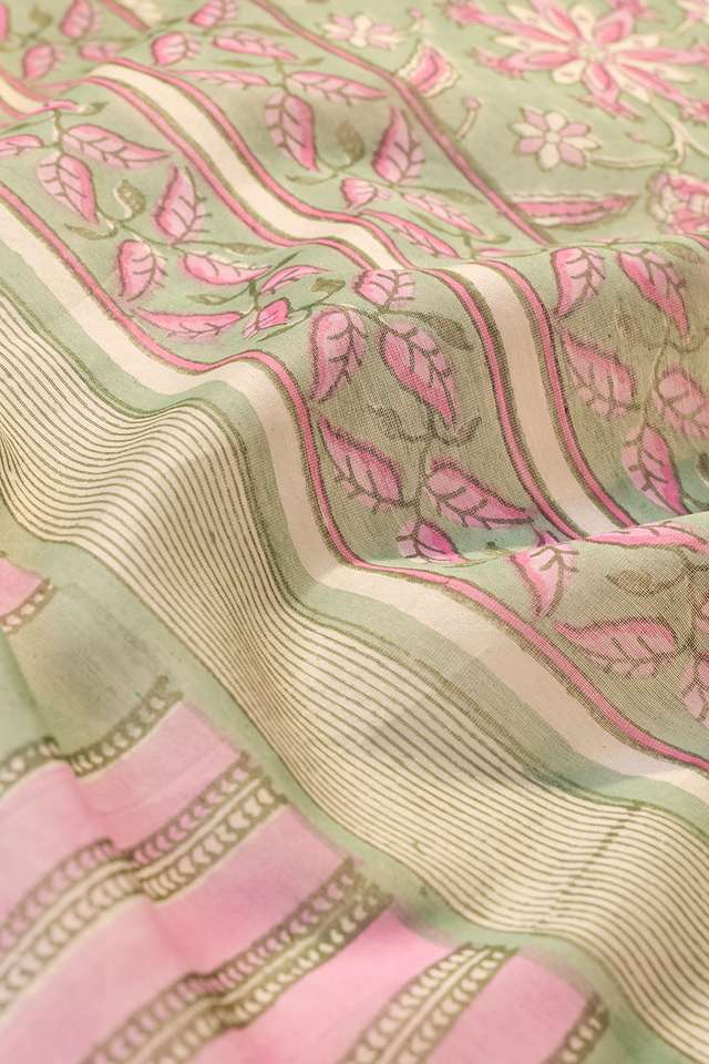 Light Green Rajasthan Pure Silk Cotton Printed Sanganeri Saree thumbnail image number null