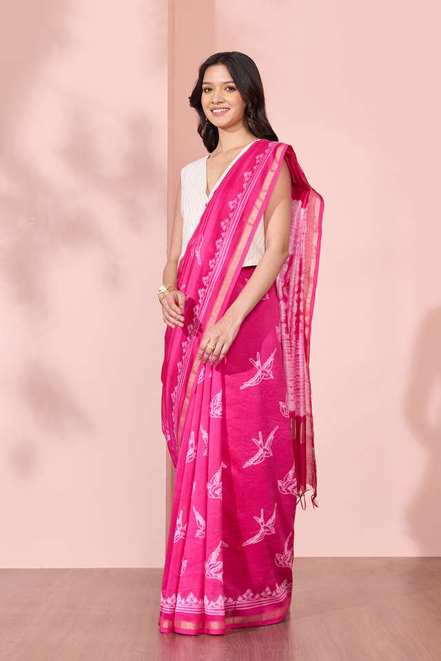 Pink Pure Silk Cotton Tie and Dye Shibori Saree thumbnail image number null