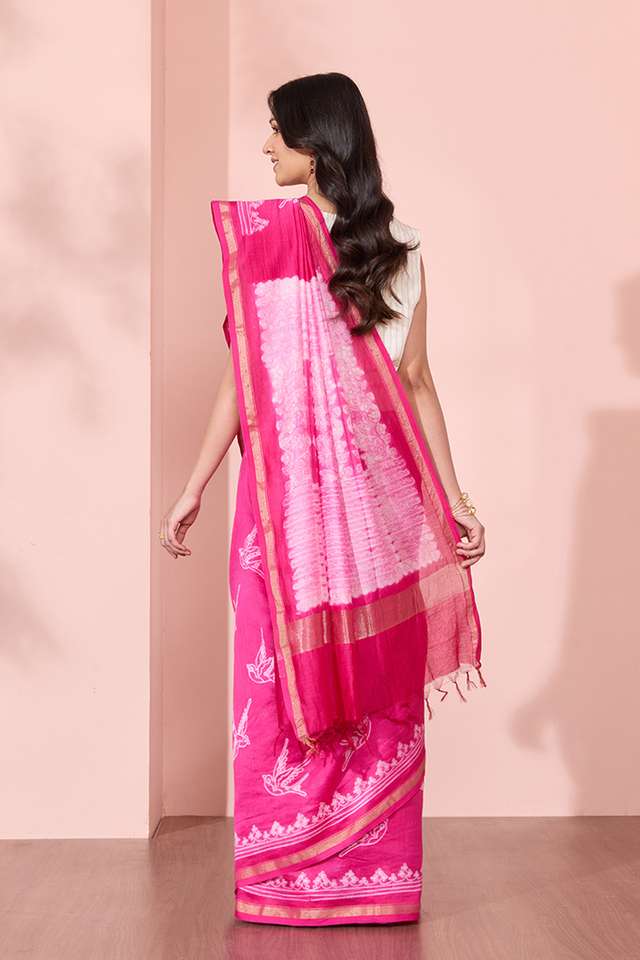 Pink Pure Silk Cotton Tie and Dye Shibori Saree thumbnail image number null