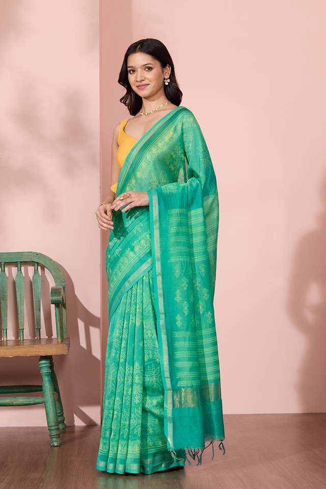 Green Pure Silk Cotton Tie and Dye Shibori Saree thumbnail image number null
