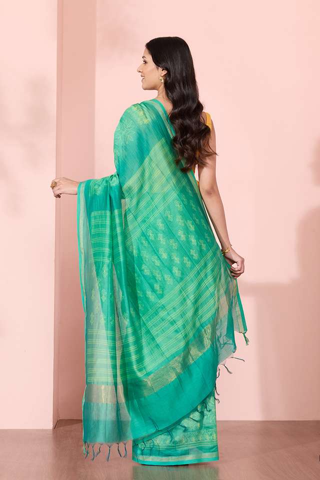 Green Pure Silk Cotton Tie and Dye Shibori Saree thumbnail image number null