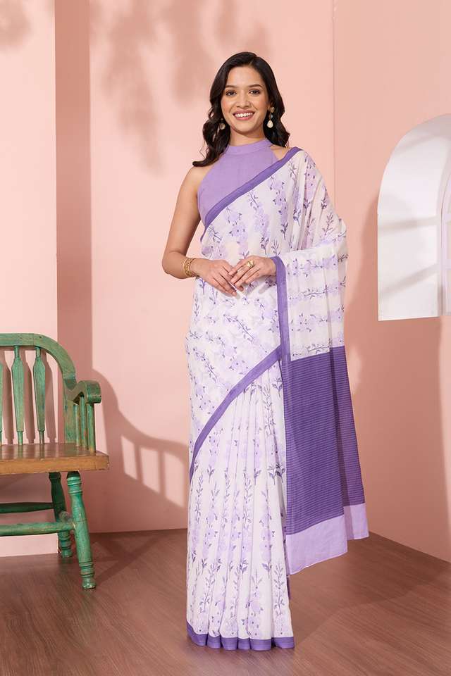 Light Violet Screen Printed Pure Cotton Saree image number