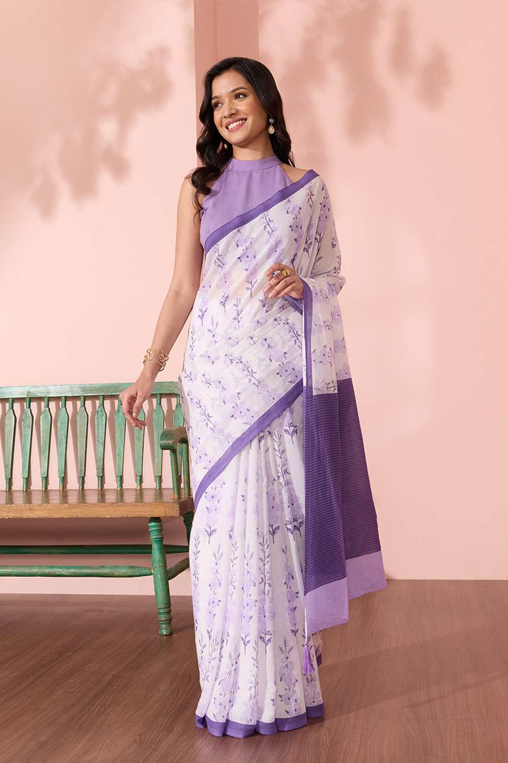 Light Violet Screen Printed Pure Cotton Saree image number null