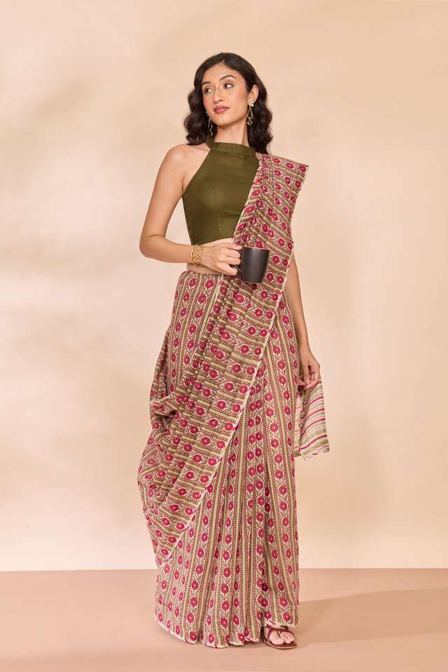 Dark Pink Rajasthan Screen Printed Pure Silk Cotton Saree image number