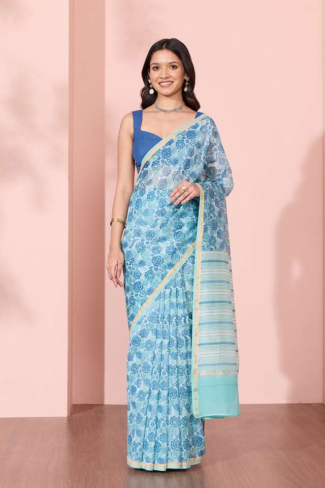 Blue Rajasthan Screen Printed Pure Silk Cotton Saree image number