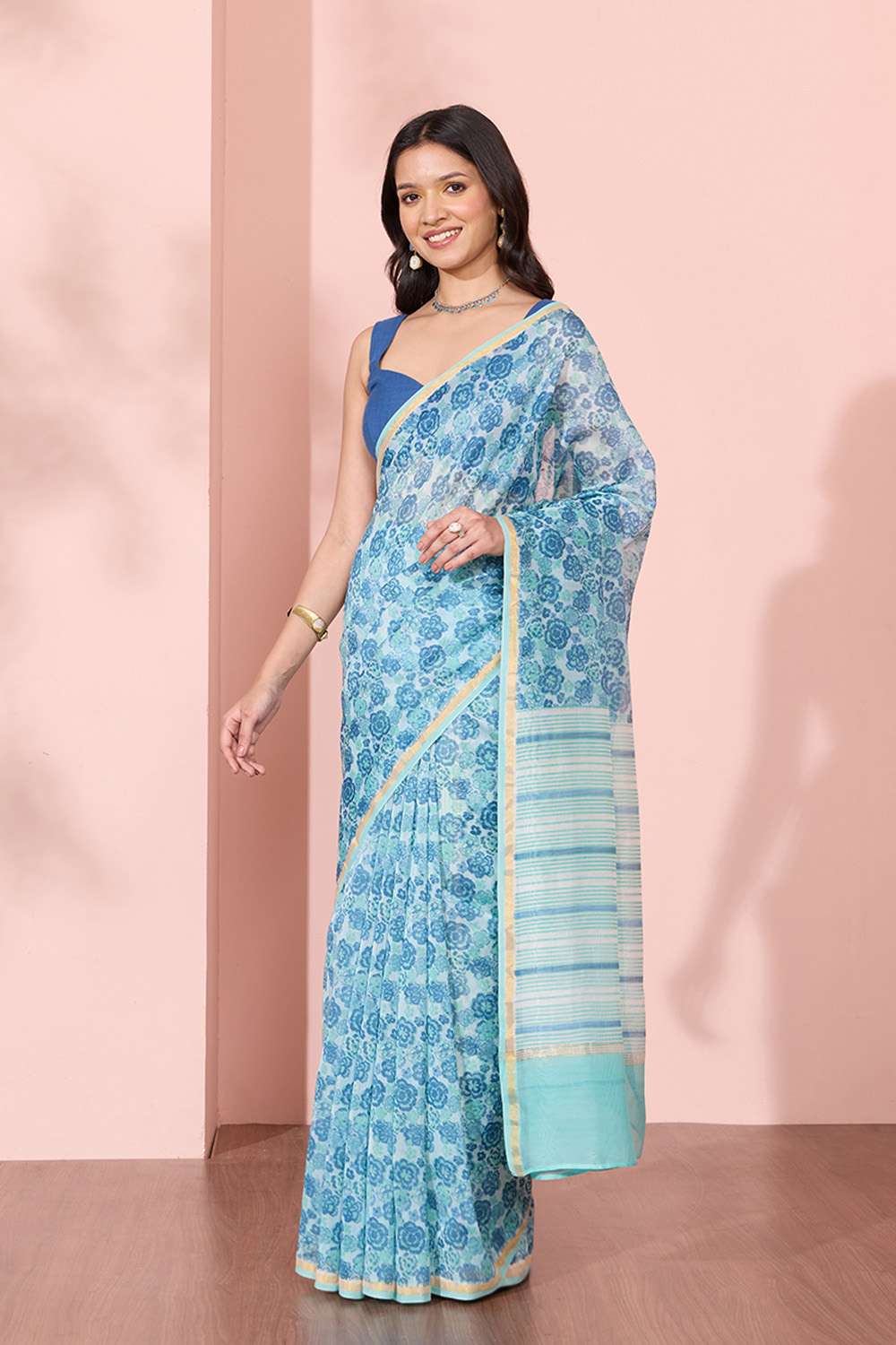 Blue Rajasthan Screen Printed Pure Silk Cotton Saree image number null