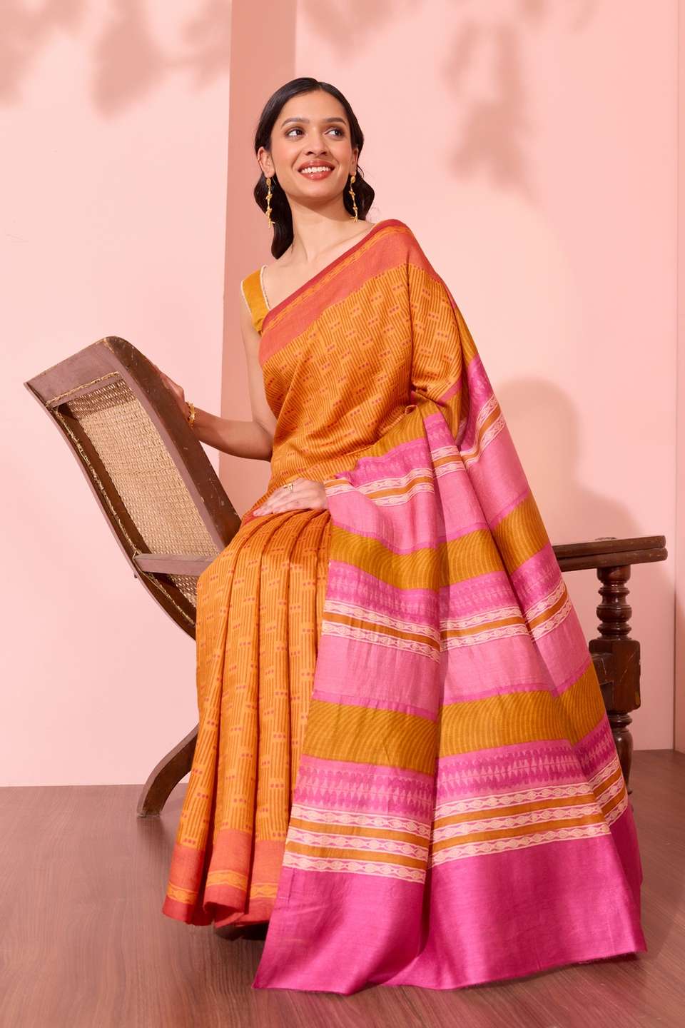 Orange  Block Printed Silk Muga Saree