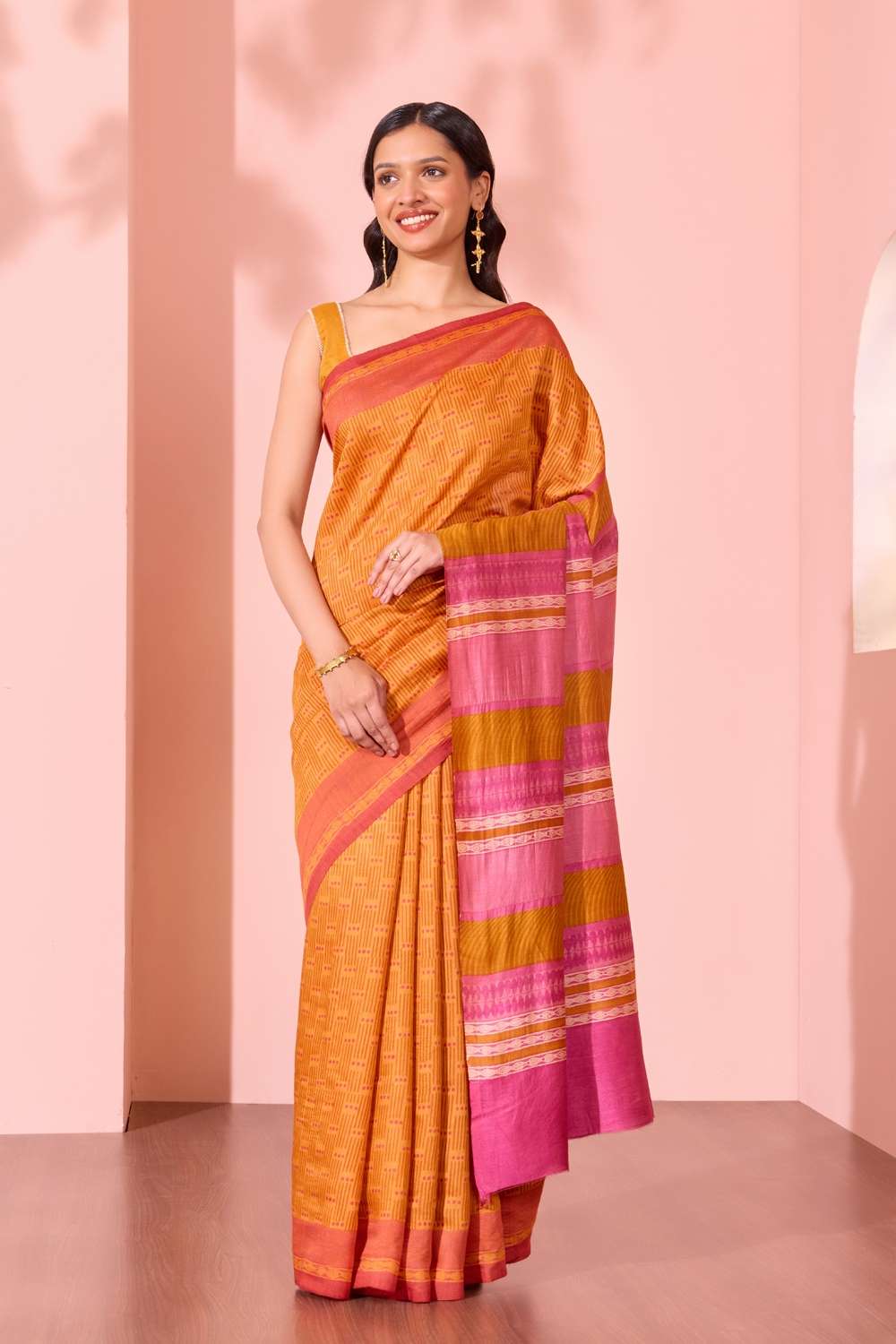Orange  Block Printed Silk Muga Saree image number null
