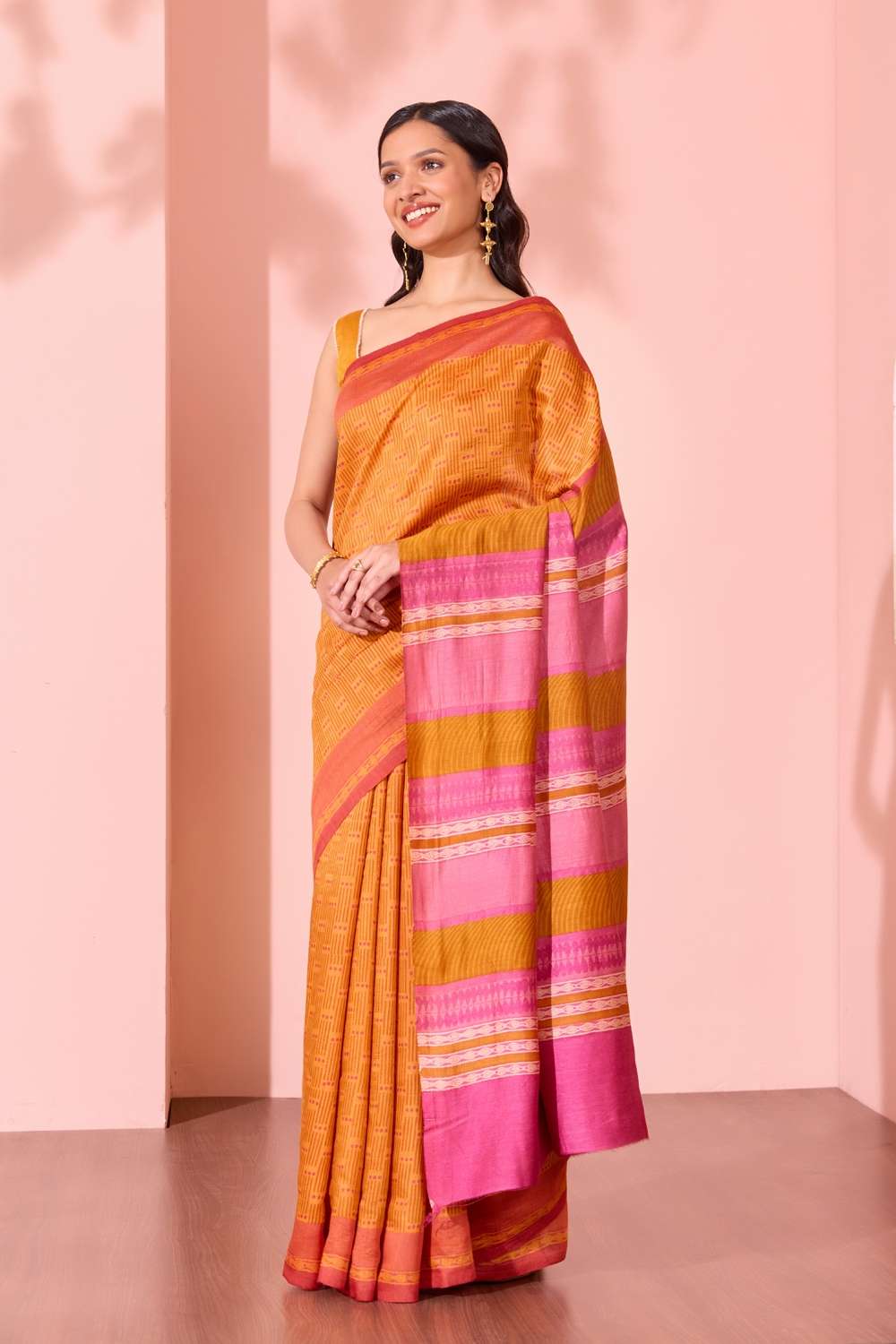 Orange  Block Printed Silk Muga Saree image number null