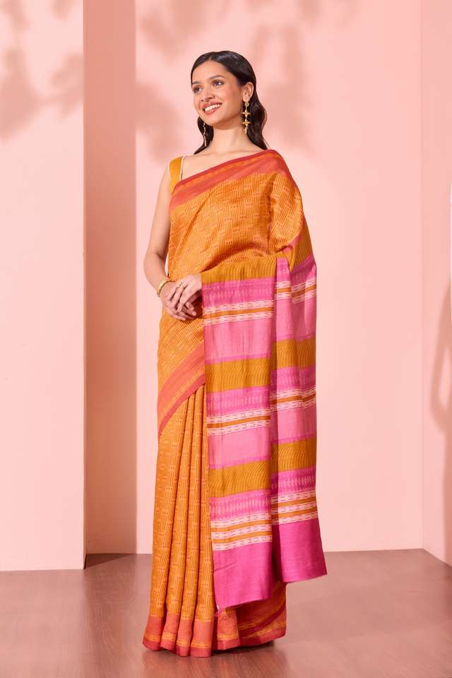Orange  Block Printed Silk Muga Saree thumbnail image number null