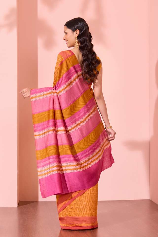 Orange  Block Printed Silk Muga Saree thumbnail image number null