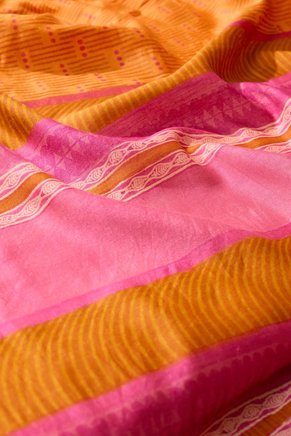 Orange  Block Printed Silk Muga Saree image number null