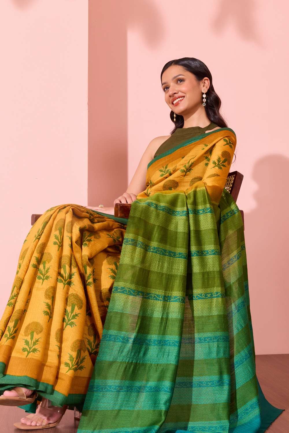 Dark Yellow  Block Printed Silk Muga Saree image number null