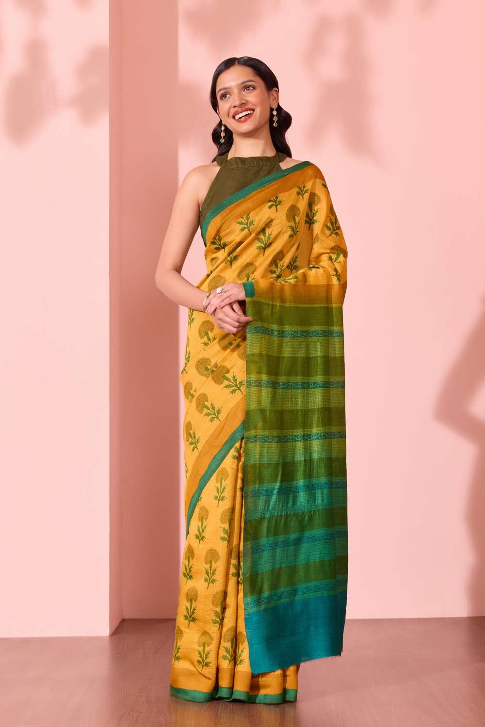 Dark Yellow  Block Printed Silk Muga Saree image number null