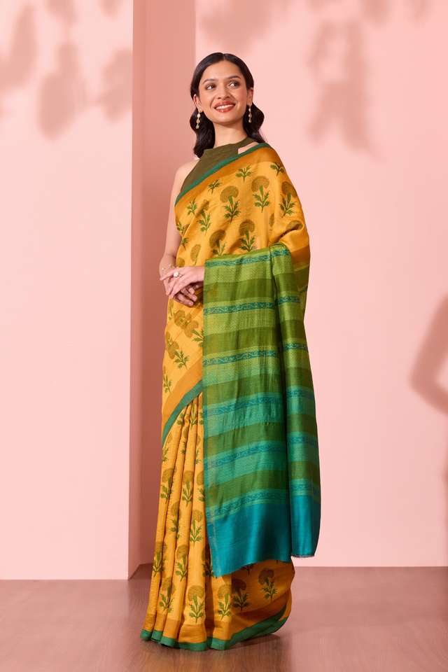 Dark Yellow  Block Printed Silk Muga Saree thumbnail image number null