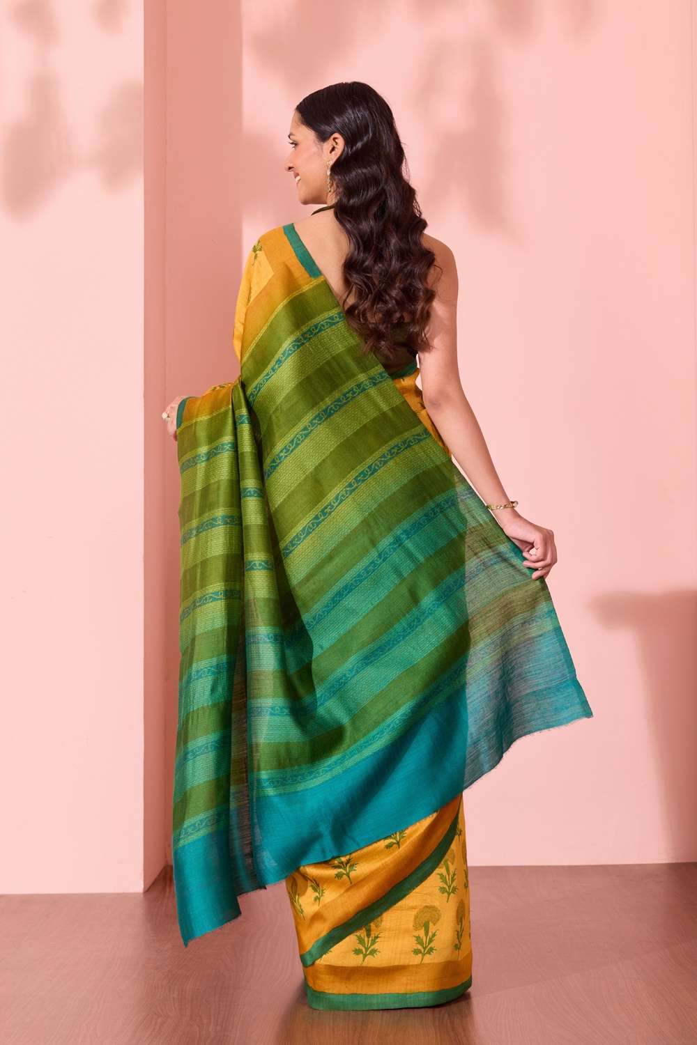 Dark Yellow  Block Printed Silk Muga Saree image number null