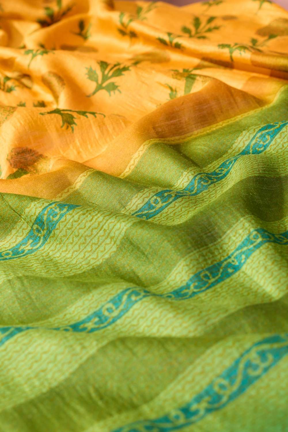 Dark Yellow  Block Printed Silk Muga Saree image number null